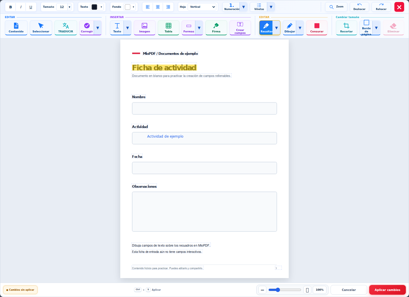 Añade texto, notas y resaltados en MioPDF
